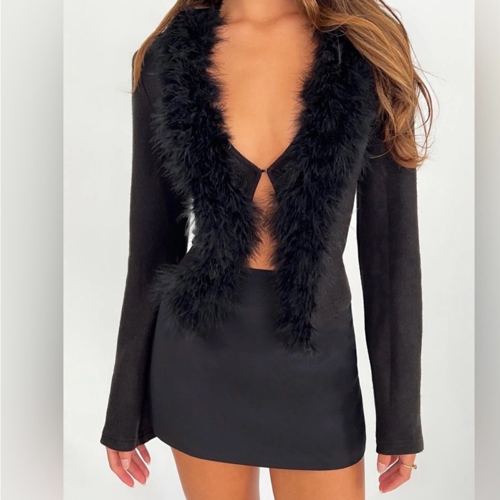Tiger Mist Black Nicolette Cardigan with Faux Feather Trim
